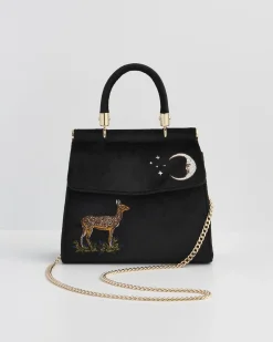Discount Fable England Deer & Moon Embroidered Black Velvet Tote