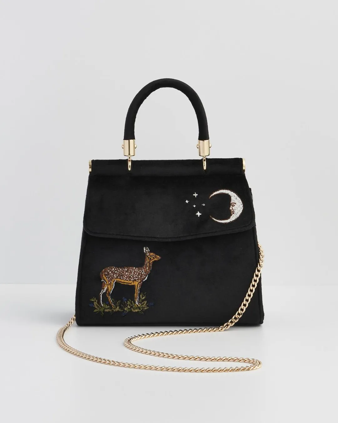 Discount Fable England Deer & Moon Embroidered Black Velvet Tote