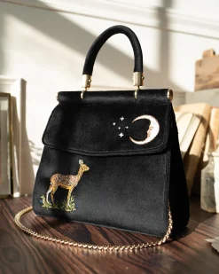 Discount Fable England Deer & Moon Embroidered Black Velvet Tote
