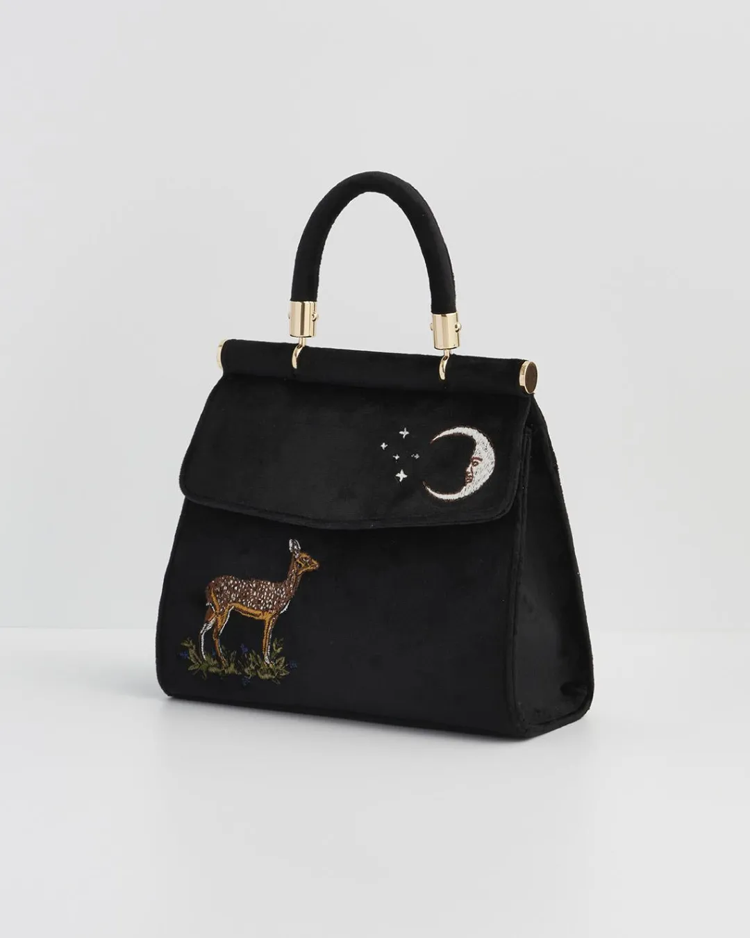 Discount Fable England Deer & Moon Embroidered Black Velvet Tote