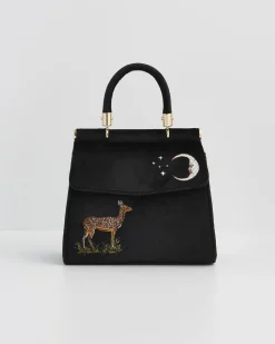 Discount Fable England Deer & Moon Embroidered Black Velvet Tote