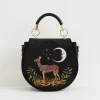Fashion Fable England Deer & Moon Velvet - Embroidered Saddle Bag Black
