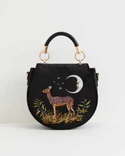 Fashion Fable England Deer & Moon Velvet - Embroidered Saddle Bag Black