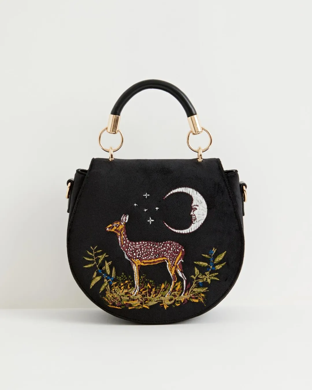 Fashion Fable England Deer & Moon Velvet - Embroidered Saddle Bag Black