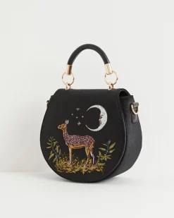 Fashion Fable England Deer & Moon Velvet - Embroidered Saddle Bag Black