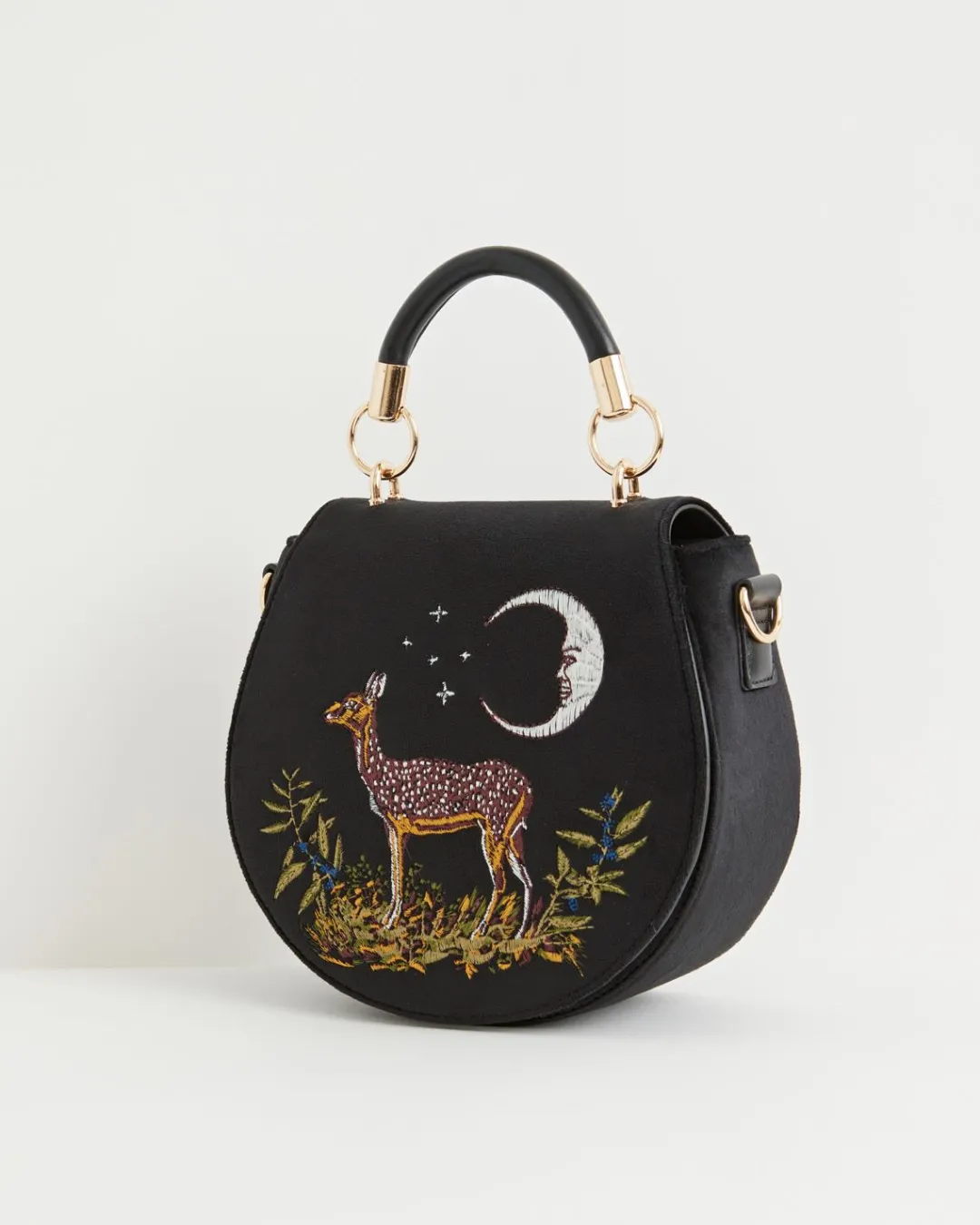 Fashion Fable England Deer & Moon Velvet - Embroidered Saddle Bag Black