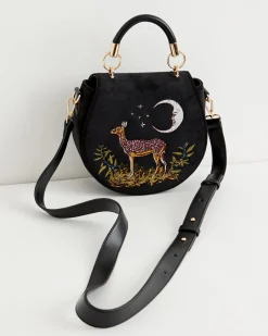 Fashion Fable England Deer & Moon Velvet - Embroidered Saddle Bag Black