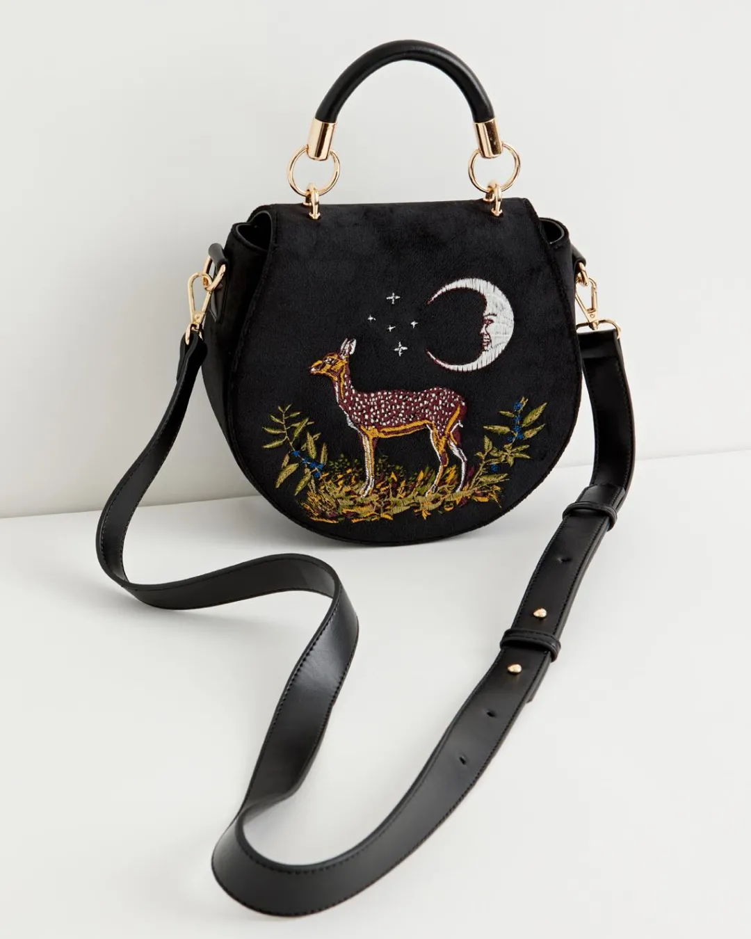 Fashion Fable England Deer & Moon Velvet - Embroidered Saddle Bag Black