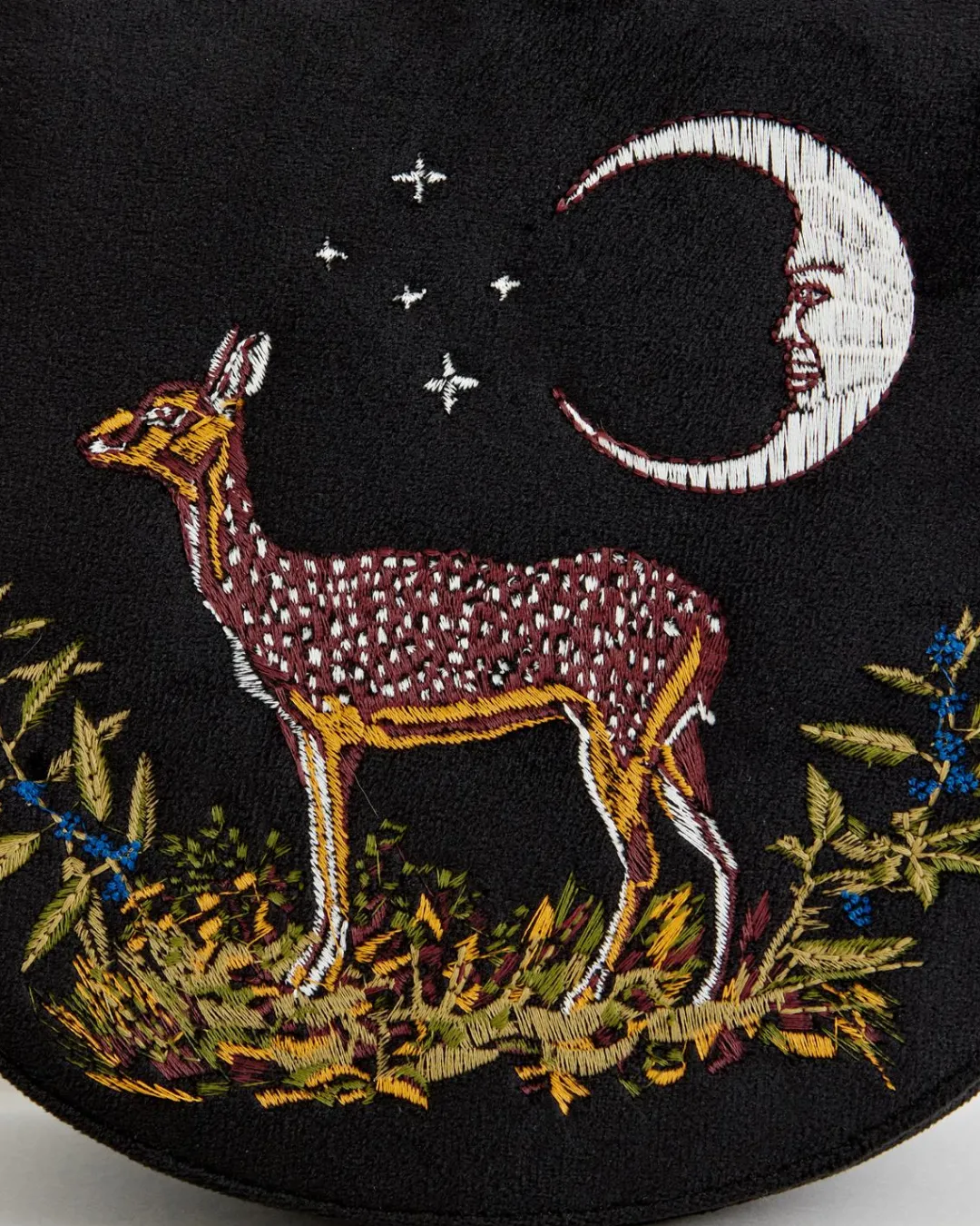 Fashion Fable England Deer & Moon Velvet - Embroidered Saddle Bag Black
