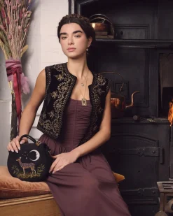 Fashion Fable England Deer & Moon Velvet - Embroidered Saddle Bag Black