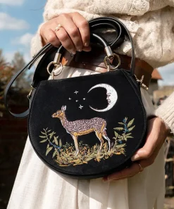 Fashion Fable England Deer & Moon Velvet - Embroidered Saddle Bag Black