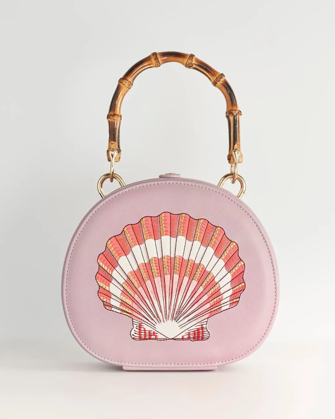 New Fable England Embroiderd Shell Lilac Bamboo Top Handle Bag