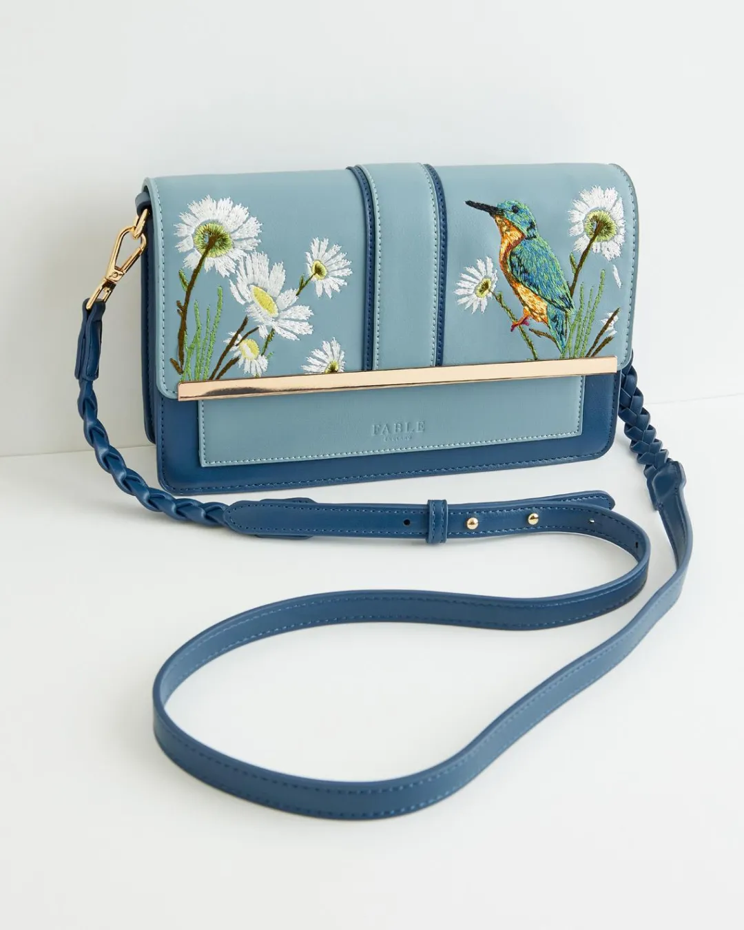 Fashion Fable England Embroidered Kingfisher Blue Cross Body Bag