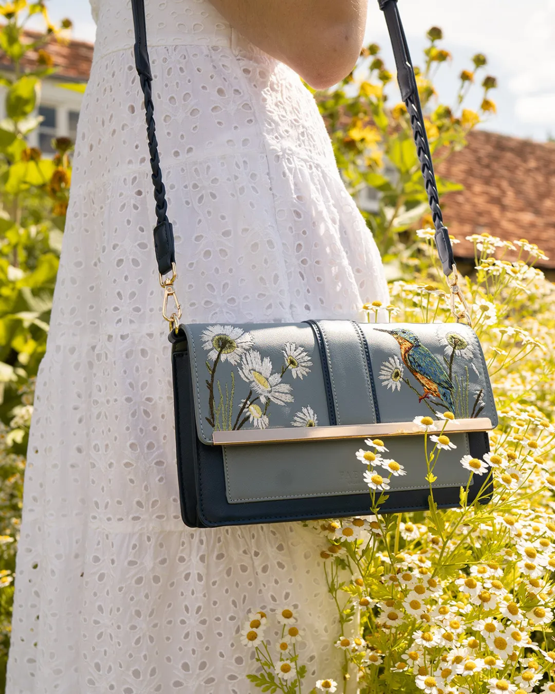 Fashion Fable England Embroidered Kingfisher Blue Cross Body Bag
