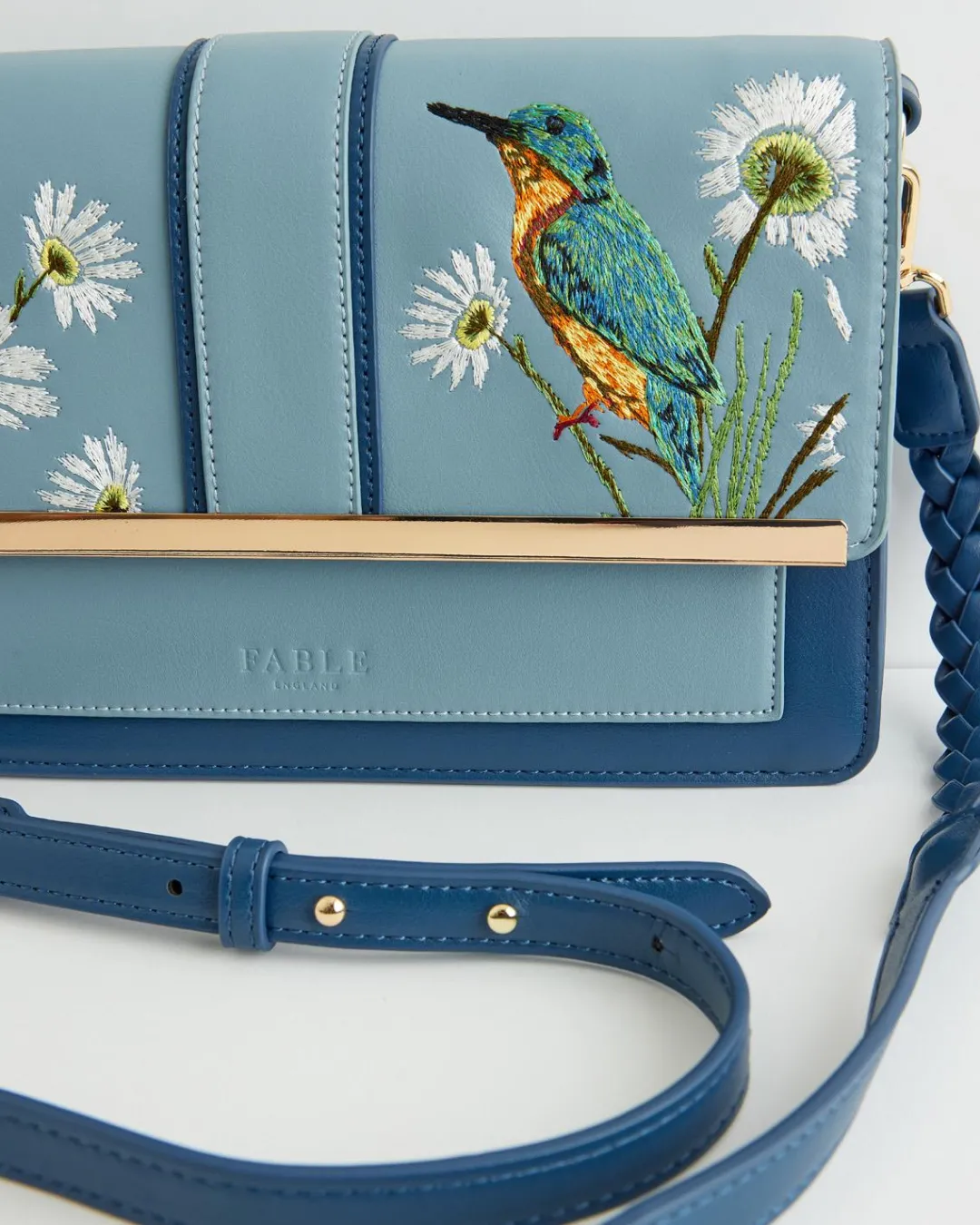 Fashion Fable England Embroidered Kingfisher Blue Cross Body Bag