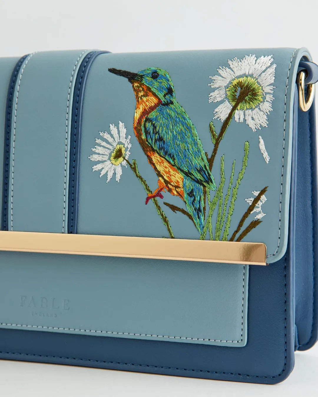 Fashion Fable England Embroidered Kingfisher Blue Cross Body Bag