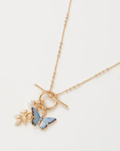 New Fable England Enamel Blue Butterfly & Leaf Charm Necklace