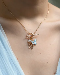 New Fable England Enamel Blue Butterfly & Leaf Charm Necklace