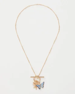 New Fable England Enamel Blue Butterfly & Leaf Charm Necklace