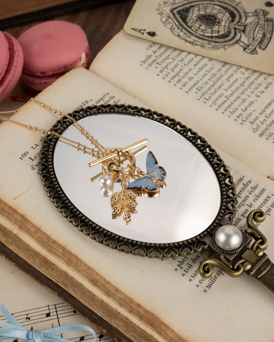 New Fable England Enamel Blue Butterfly & Leaf Charm Necklace