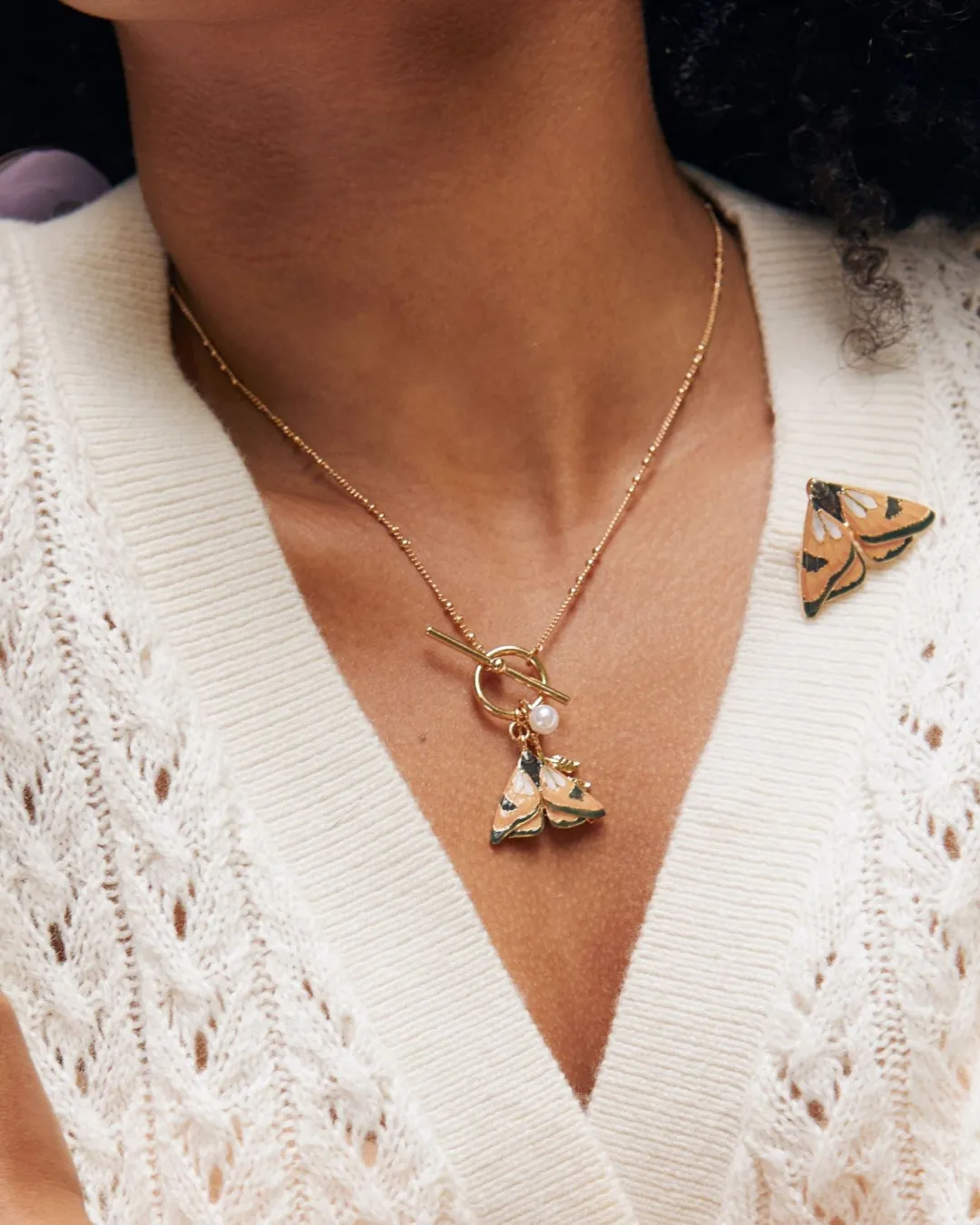 New Fable England Enamel Moth & Leaf Charm Necklace