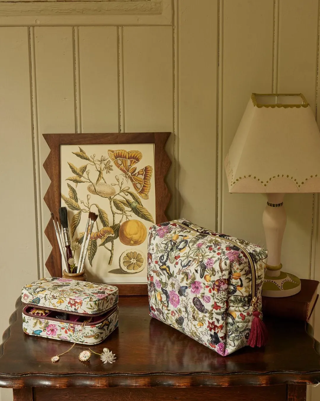 Clearance Fable England Floral Engravings Velvet Printed Large Cosmetic Bag