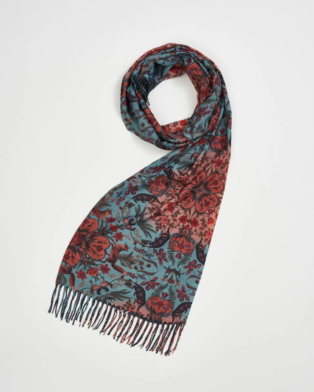 Clearance Fable England Folksy Fox Teal Scarf with Tassels