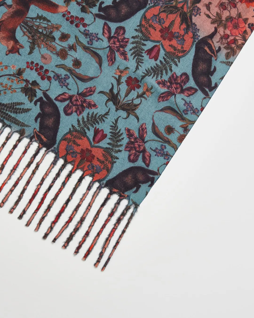 Clearance Fable England Folksy Fox Teal Scarf with Tassels