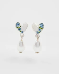 Fashion Fable England Forget Me Not Heart & Pearl Silver Earrings