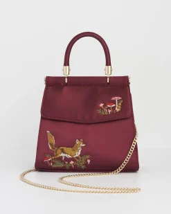 Outlet Fable England Fox & Mushroom Burgundy Embroidered Satin Tote