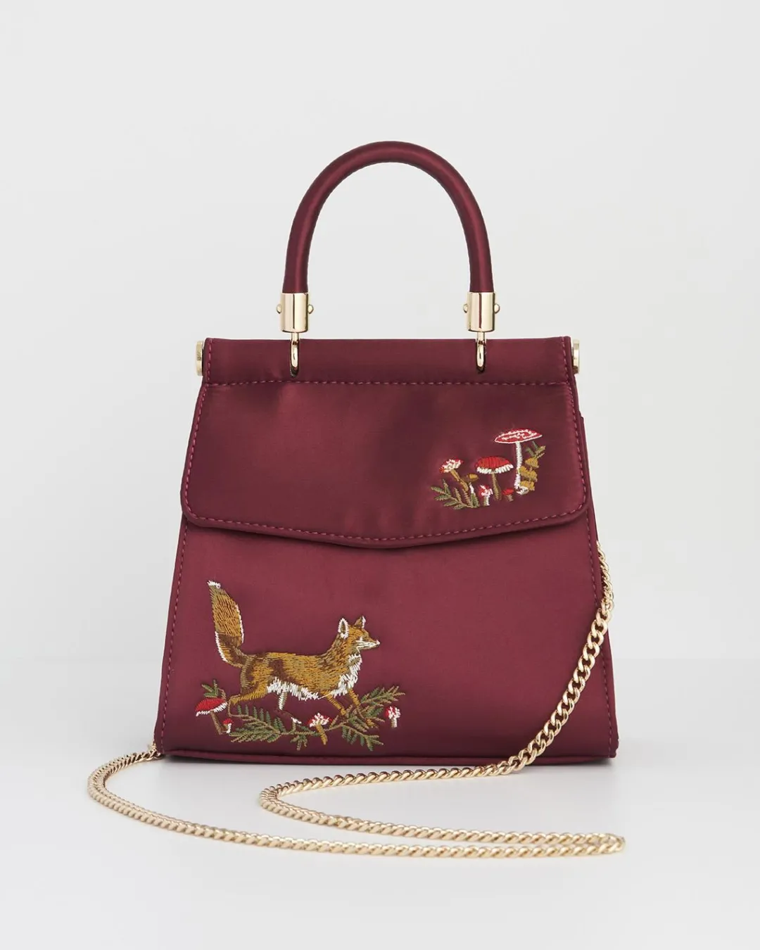 Outlet Fable England Fox & Mushroom Burgundy Embroidered Satin Tote