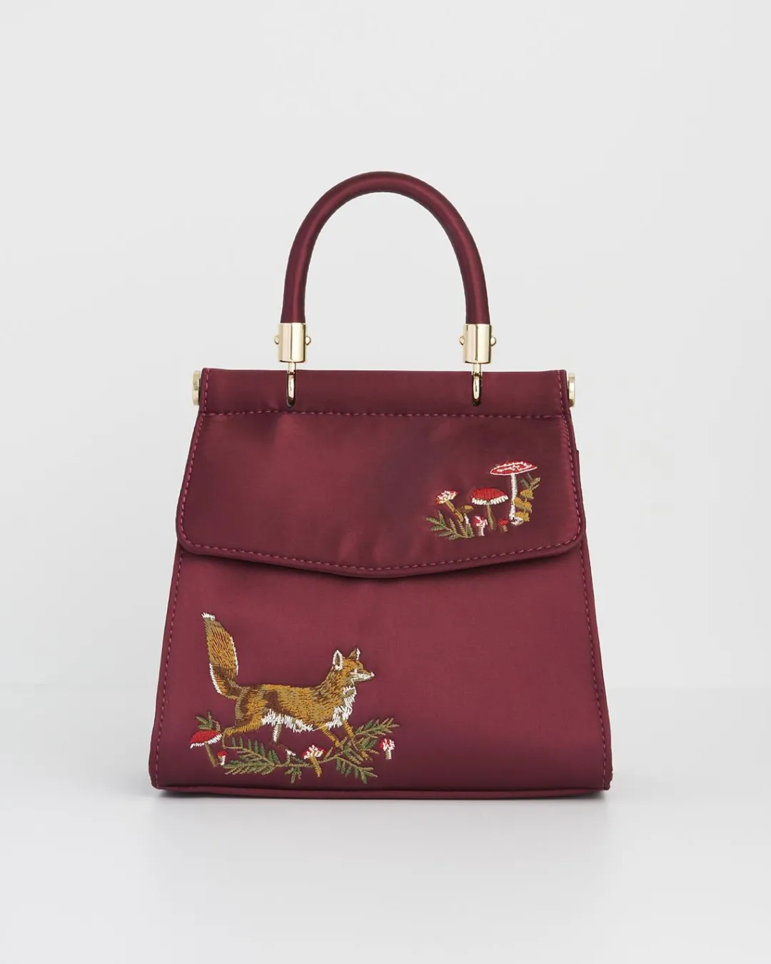 Outlet Fable England Fox & Mushroom Burgundy Embroidered Satin Tote