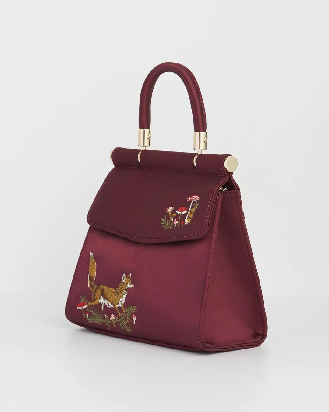 Outlet Fable England Fox & Mushroom Burgundy Embroidered Satin Tote