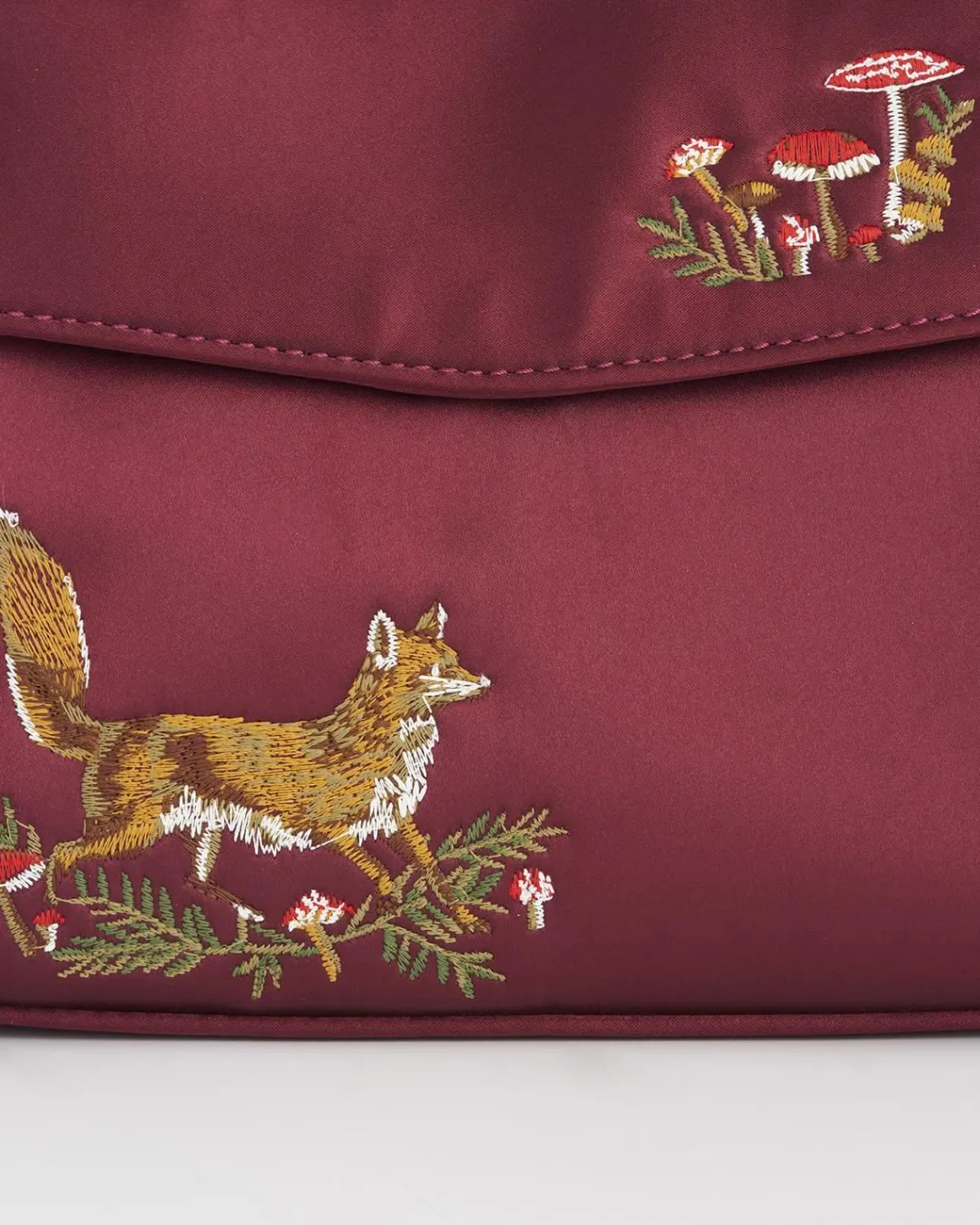 Outlet Fable England Fox & Mushroom Burgundy Embroidered Satin Tote