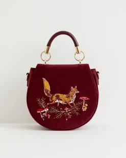 Outlet Fable England Fox & Mushroom Embroidered Saddle Bag - Redcurrant Velvet