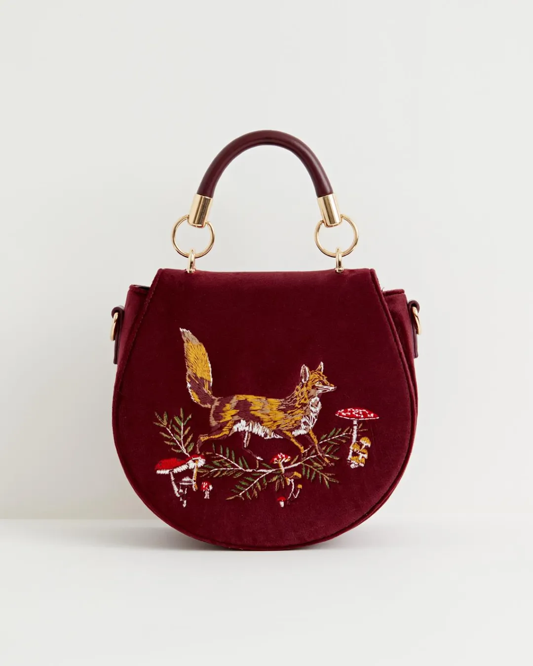 Outlet Fable England Fox & Mushroom Embroidered Saddle Bag - Redcurrant Velvet