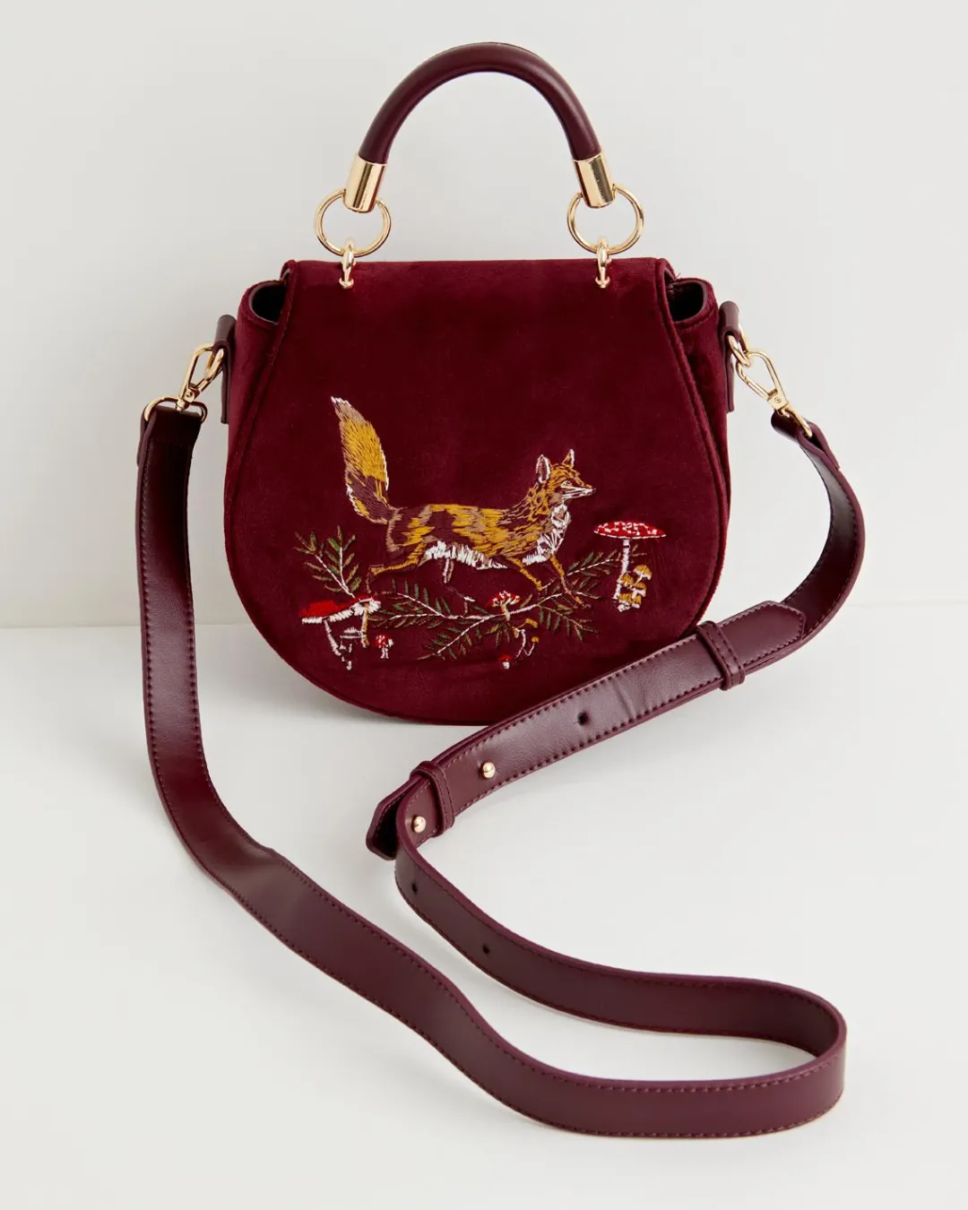 Outlet Fable England Fox & Mushroom Embroidered Saddle Bag - Redcurrant Velvet
