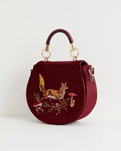 Outlet Fable England Fox & Mushroom Embroidered Saddle Bag - Redcurrant Velvet