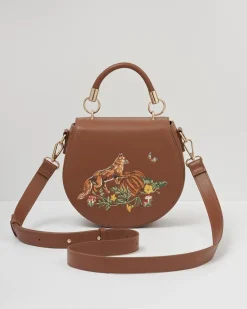 Clearance Fable England Fox & Pumpkin Tan Embroidered Saddle Purse