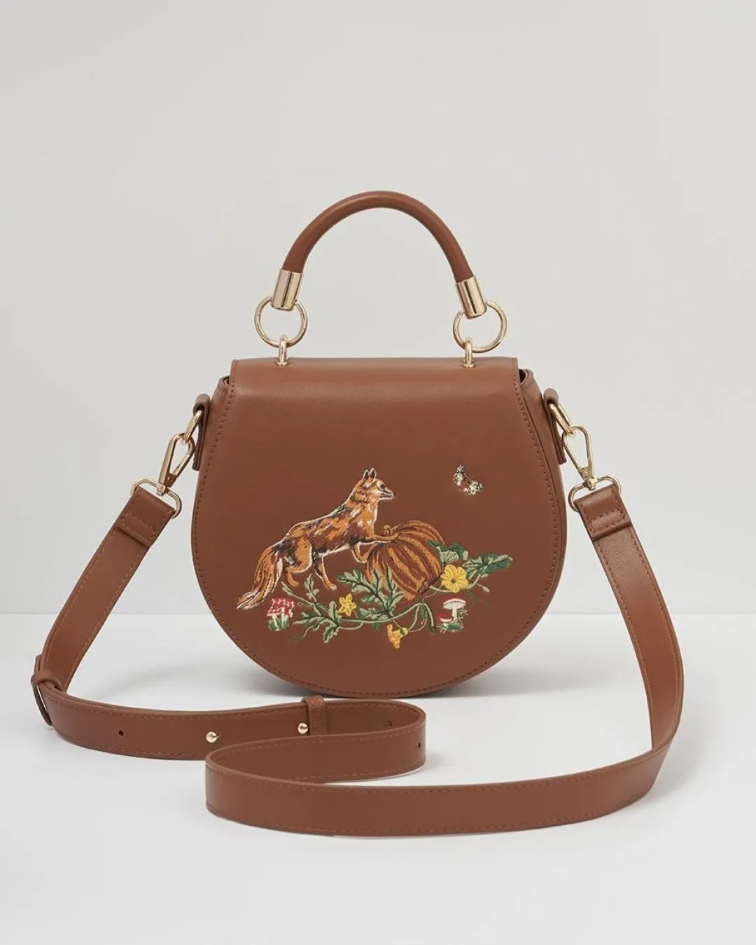 Clearance Fable England Fox & Pumpkin Tan Embroidered Saddle Purse