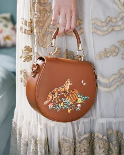 Clearance Fable England Fox & Pumpkin Tan Embroidered Saddle Purse