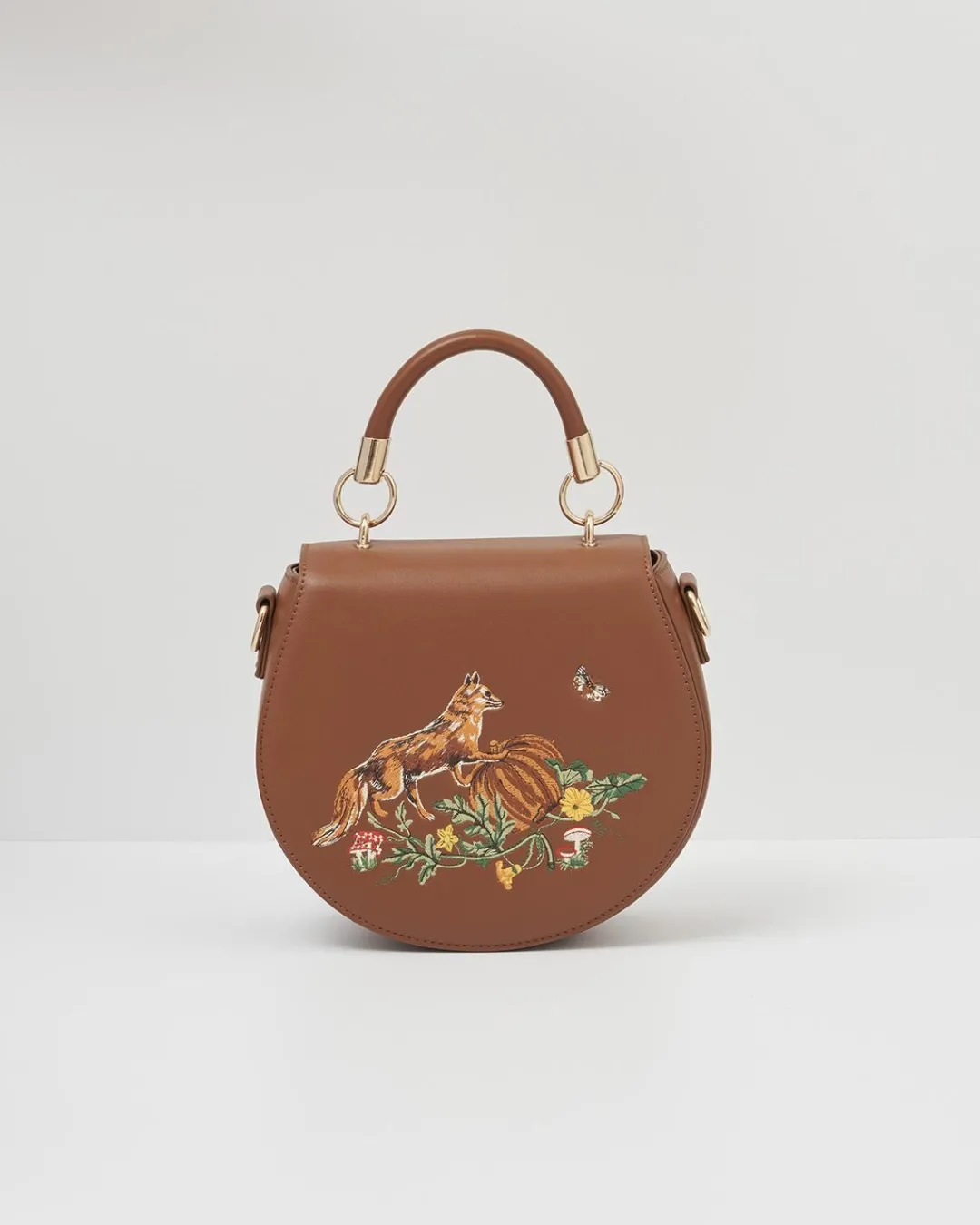 Clearance Fable England Fox & Pumpkin Tan Embroidered Saddle Purse