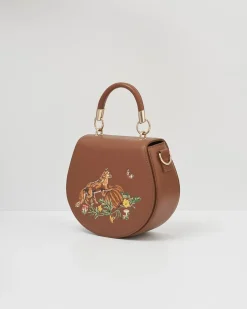 Clearance Fable England Fox & Pumpkin Tan Embroidered Saddle Purse