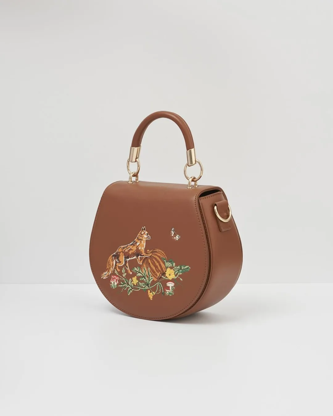 Clearance Fable England Fox & Pumpkin Tan Embroidered Saddle Purse