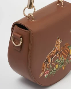 Clearance Fable England Fox & Pumpkin Tan Embroidered Saddle Purse
