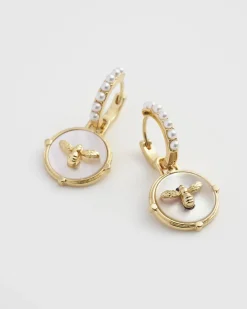 Clearance Fable England Honey Bee & Pearl Huggie Earrings