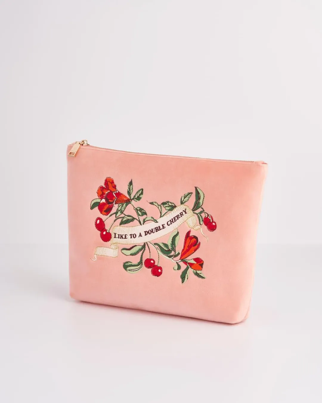 Online Fable England Midsummer Dream Cherry Embroidered Peach Velvet Pouch