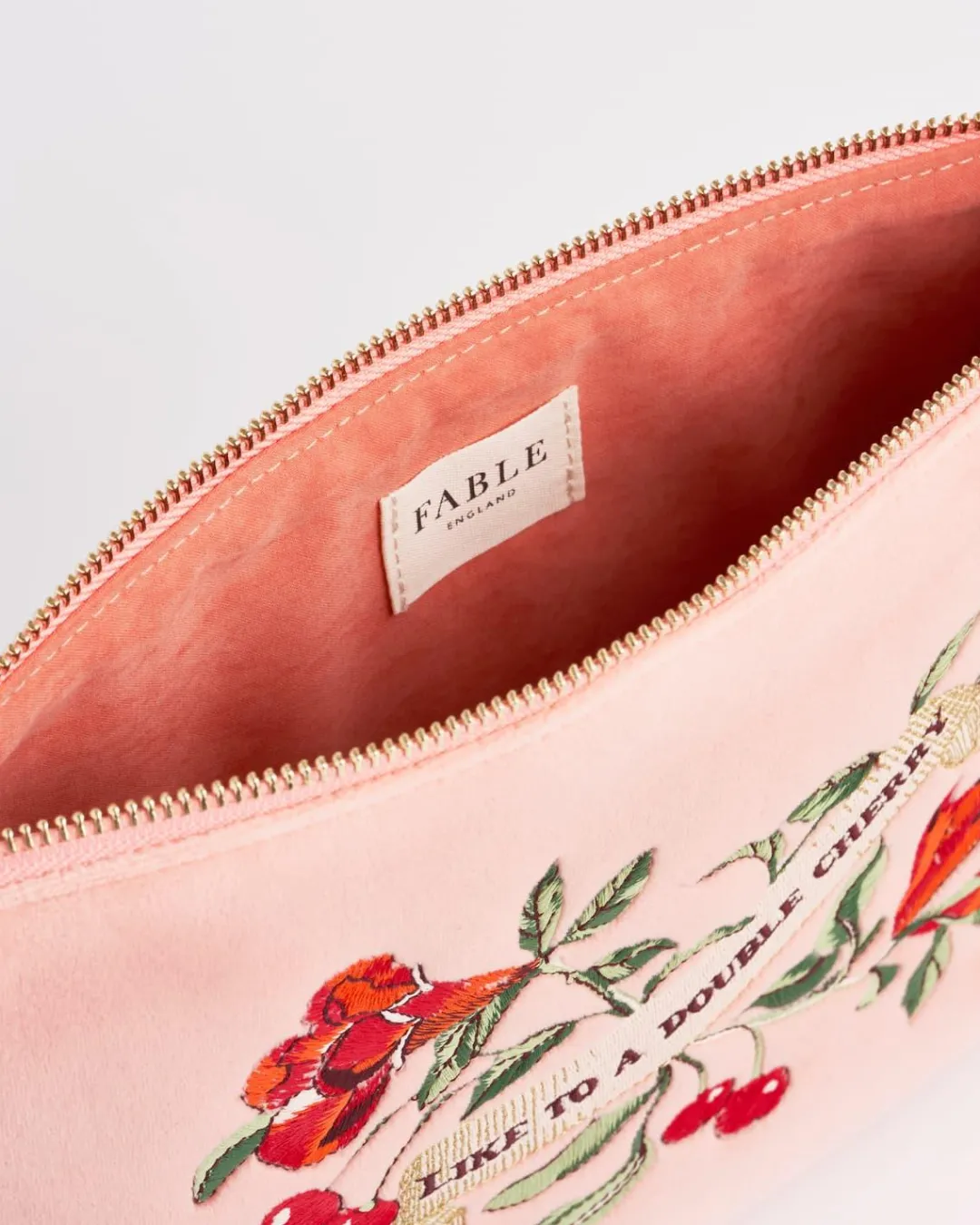 Online Fable England Midsummer Dream Cherry Embroidered Peach Velvet Pouch