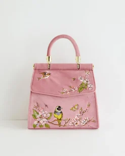 Hot Fable England Morning Song Bird Embroidered Mini Pink Tote