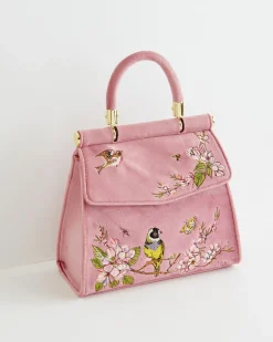 Hot Fable England Morning Song Bird Embroidered Mini Pink Tote